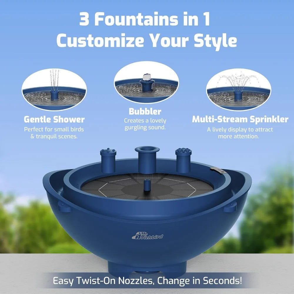 Solar-Powered Bird Bath with Fountain, Battery Backup, 3-in-1 Hanging or Freestanding Design for Garden Patio Decor