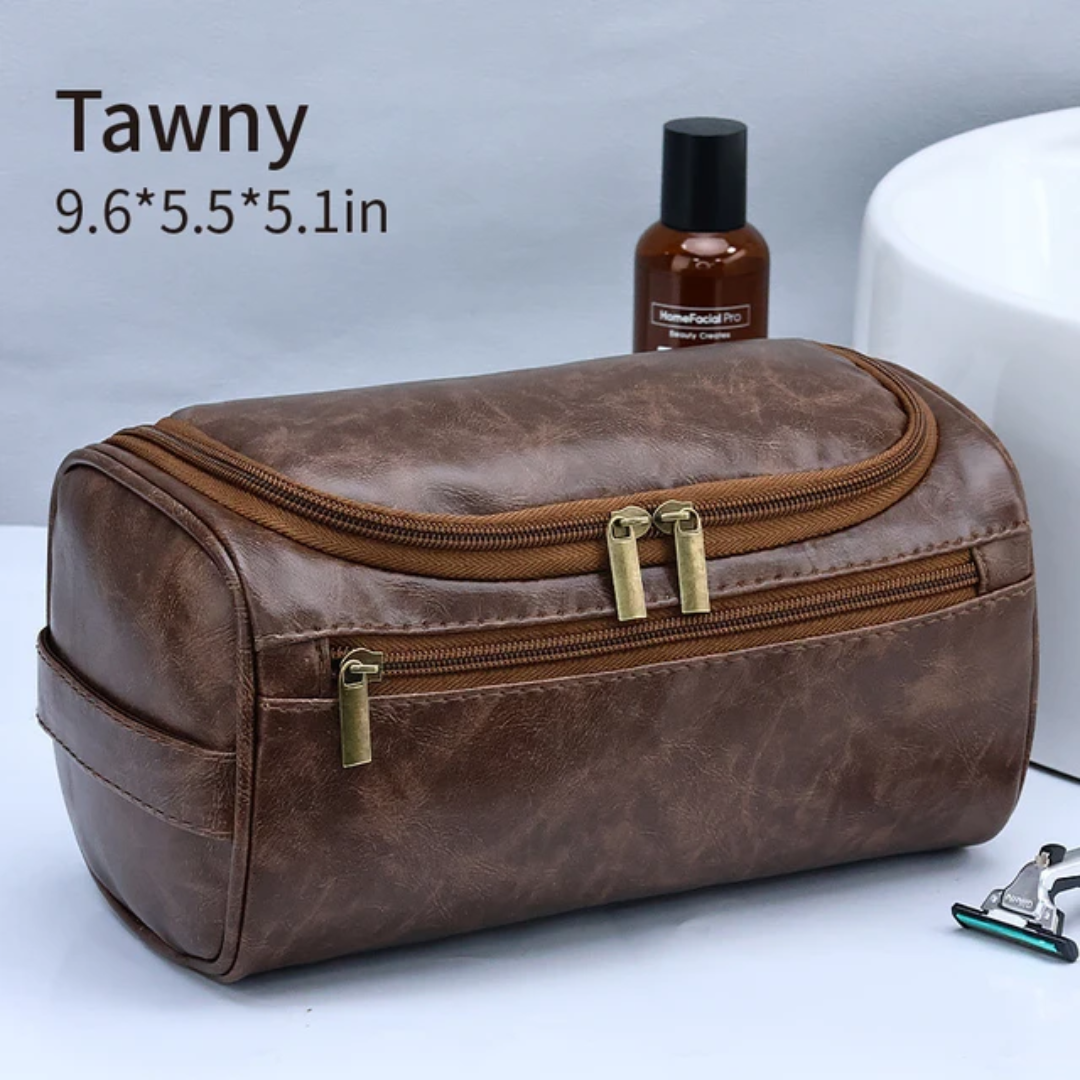 Vintage Tawny Leather Travel Toiletry Bag & Shaving Organizer