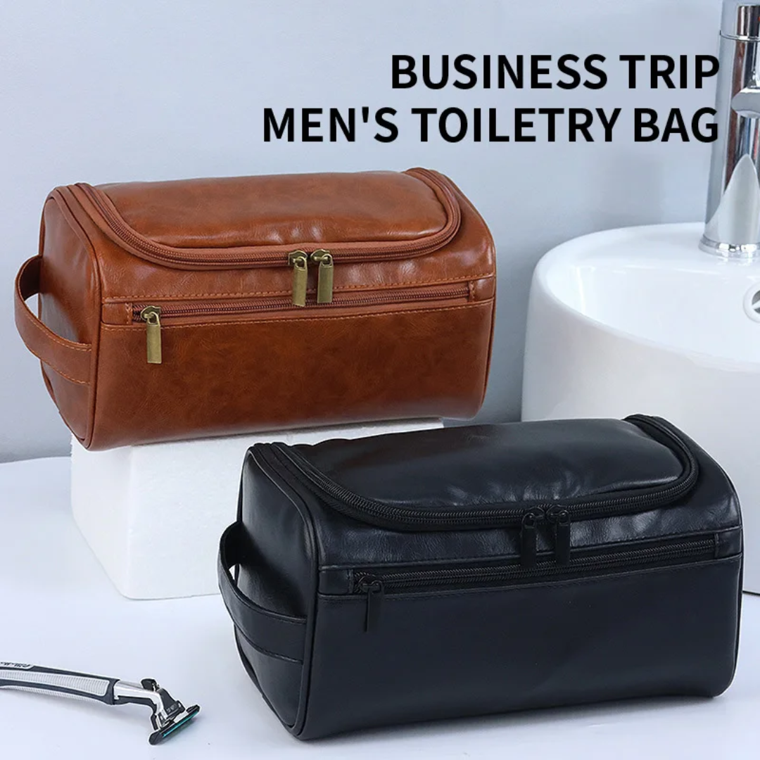 Vintage Tawny Leather Travel Toiletry Bag & Shaving Organizer